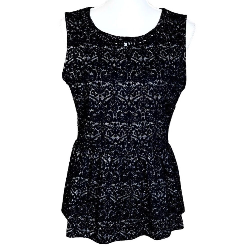 Talbots Sleeveless Peplum Top with Bejeweled Neckline in Black/Silver Women’s M